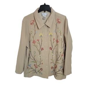 Susan Graver Beige Embroidered Floral Long Sleeve Button Down Shirt Womens SZ 1X
